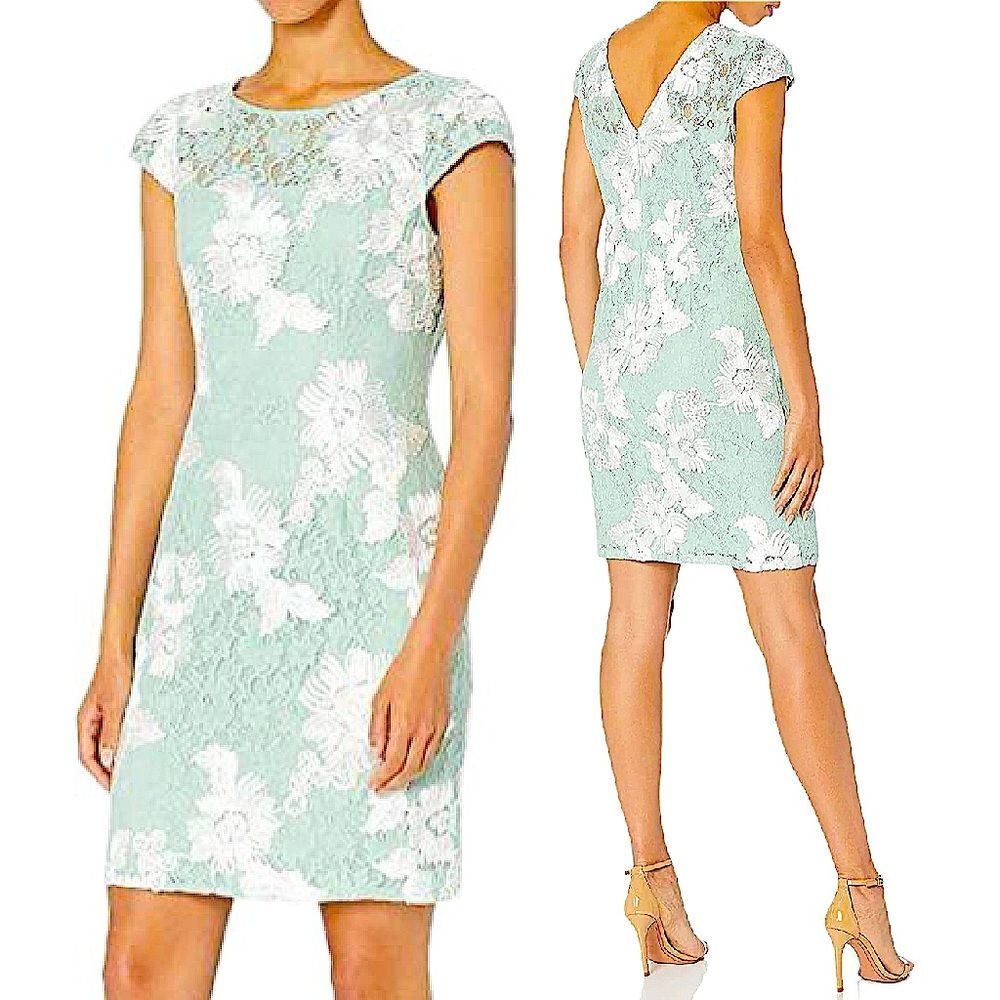 Adrianna Papell Soutache Mint Floral Embroidered Lace Sheath Dress Size 4